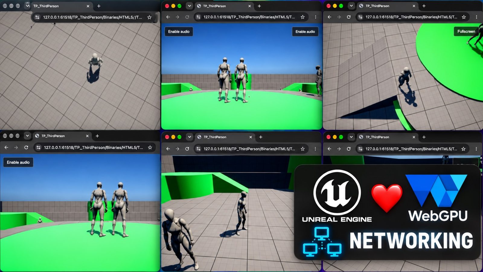 Several Unreal Engine Third Person clients sharing a multiplayer scene, with Unreal Engine, heart, WebGPU and networking graphics.