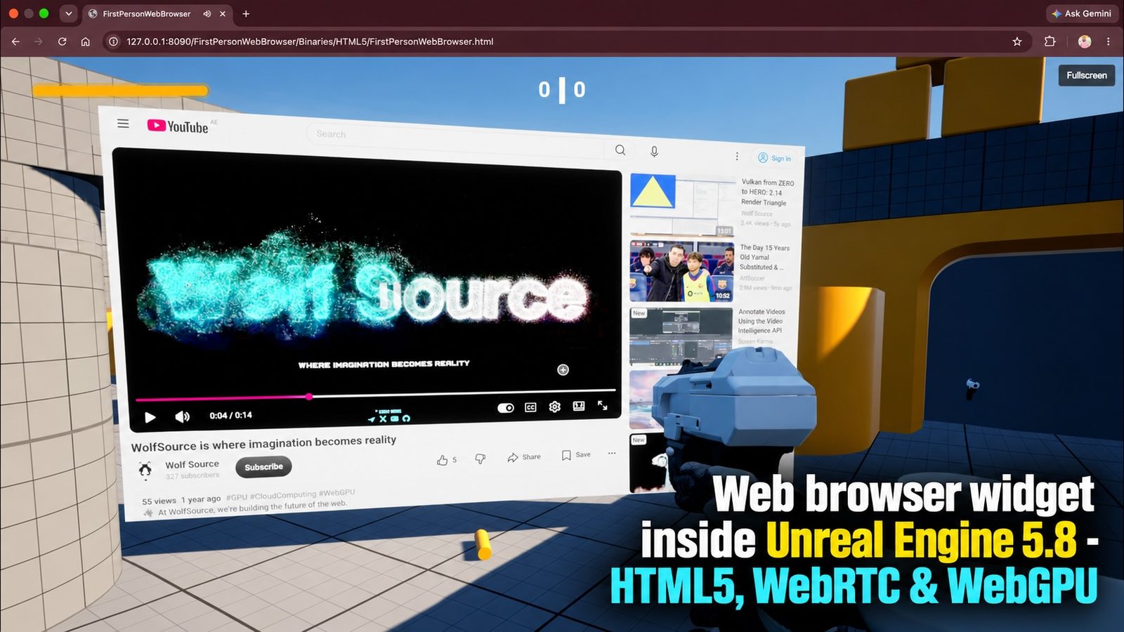 A YouTube page displayed on a world-space browser widget in Unreal Engine's First Person Shooter scene, running in Chrome through WebAssembly and WebGPU.