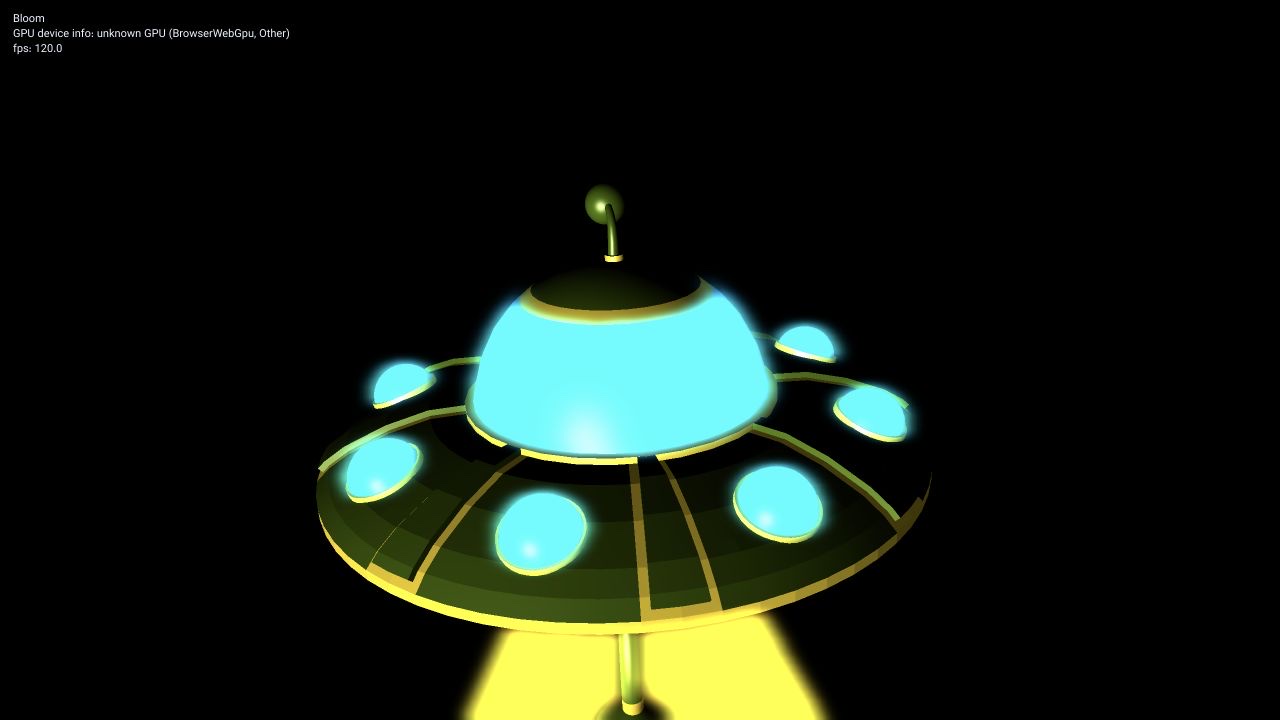 A retro green UFO with cyan lights and a bright yellow beam glowing against a black background
