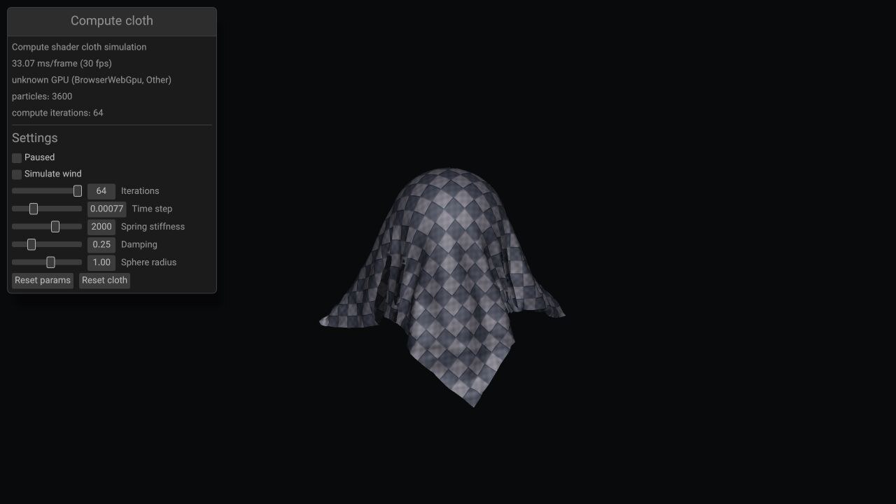 A checkered WebGPU cloth draped over a sphere beside controls for compute iterations, time step, stiffness, damping, and collision radius.