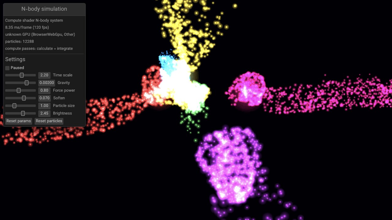 Luminous colored particle clusters evolving in the WebGPU N-body simulation beside live controls