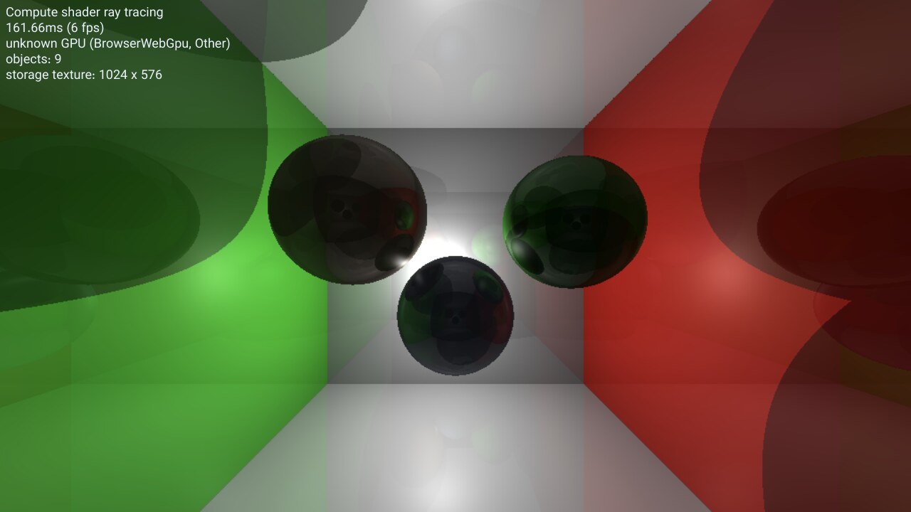 Three glossy spheres reflected across red, green, white, and black walls in a WebGPU compute ray traced room.