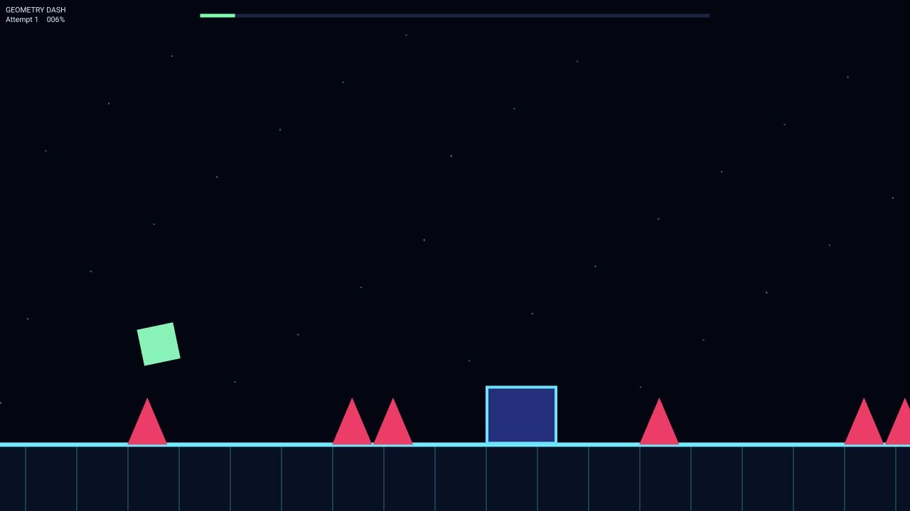 A neon WebGPU rhythm platform game with a green square jumping over pink spikes, cyan blocks, and a progress bar.