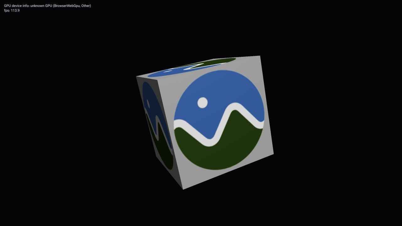 An angled gray cube textured with blue, green, and white Cesium logos