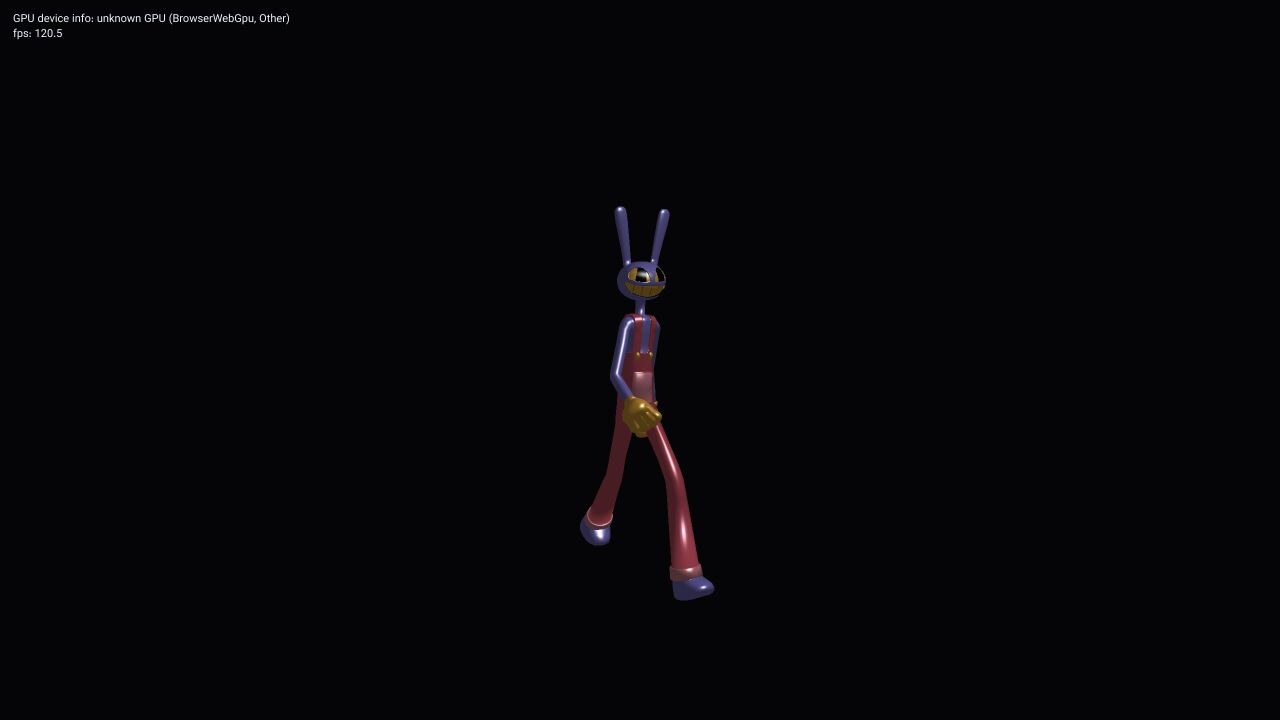 Purple, red, and gold Jax character walking on a black WebGPU canvas