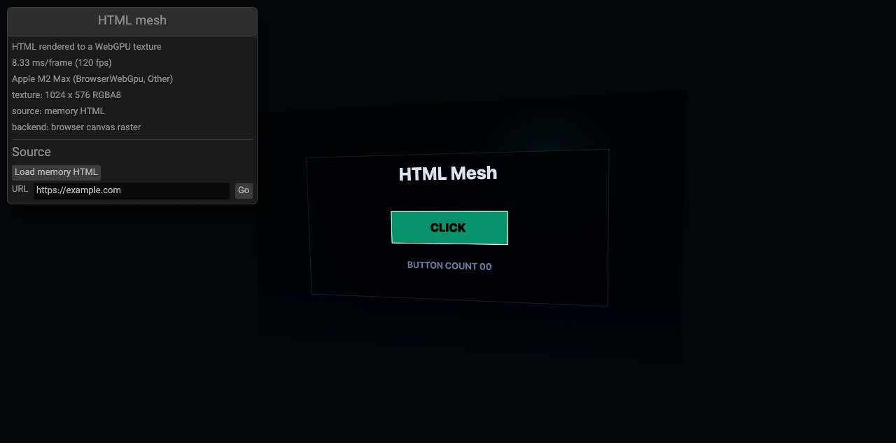 A tilted HTML Mesh page with a green Click button and button counter, rendered on a dark 3D plane beside an egui control panel.