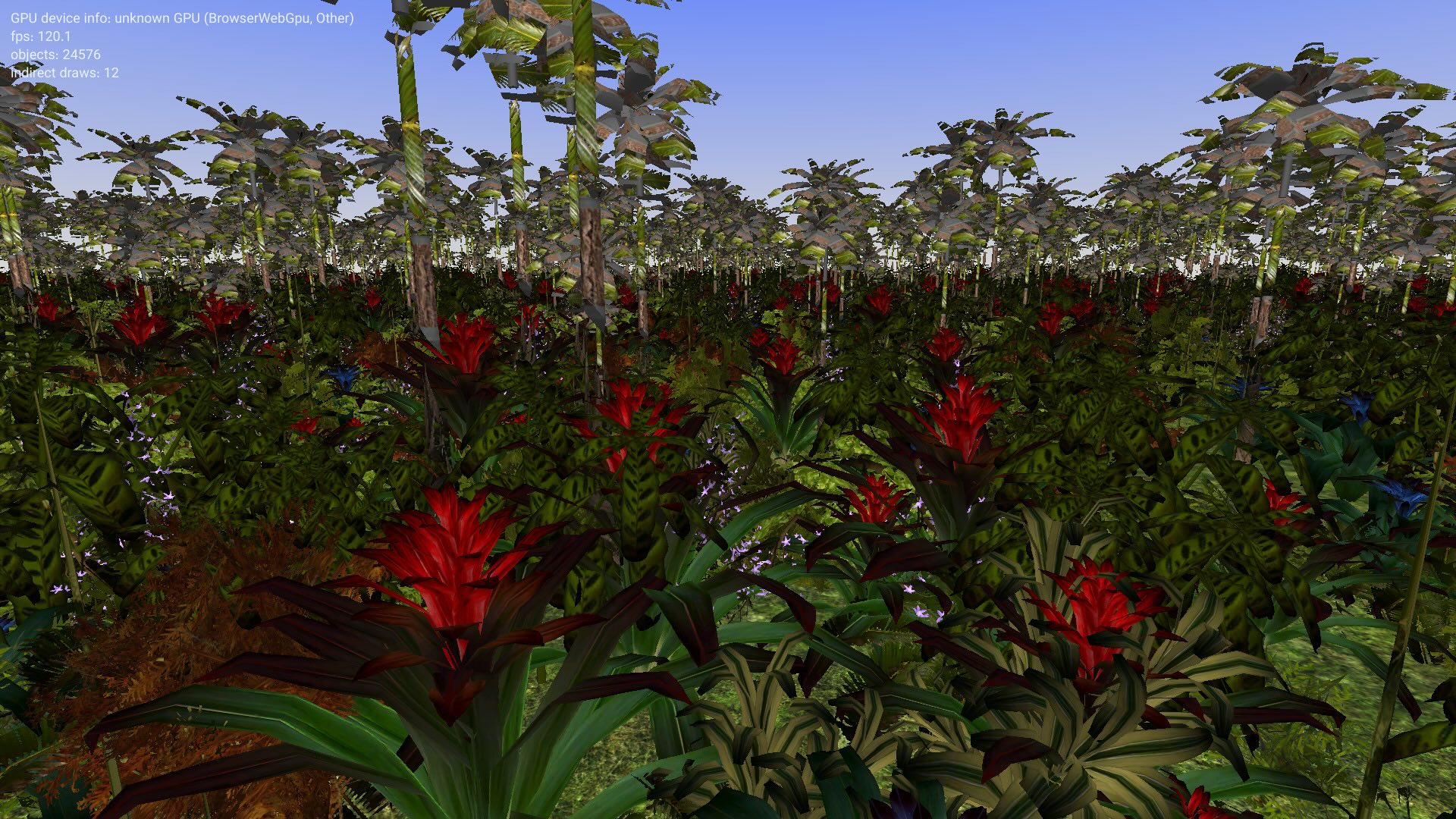 Dense WebGPU jungle with palms, red bromeliads, and green ground cover