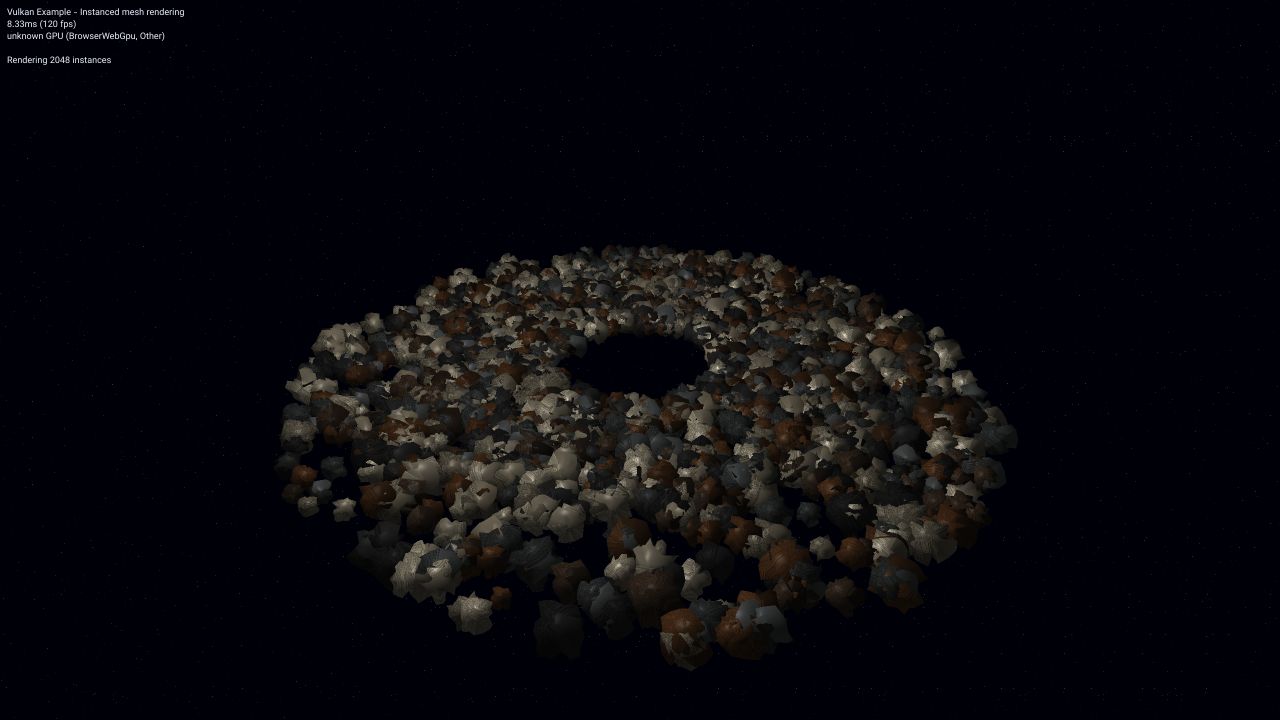 Thousands of gray, brown, and white instanced asteroids arranged in dense rings