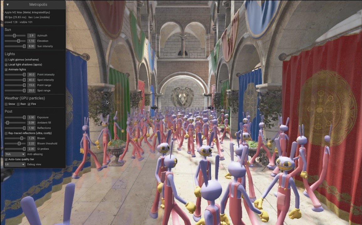 Crowd of animated Jax characters filling the colorful Sponza atrium in the WebGPU Metropolis renderer, with the live settings panel open.