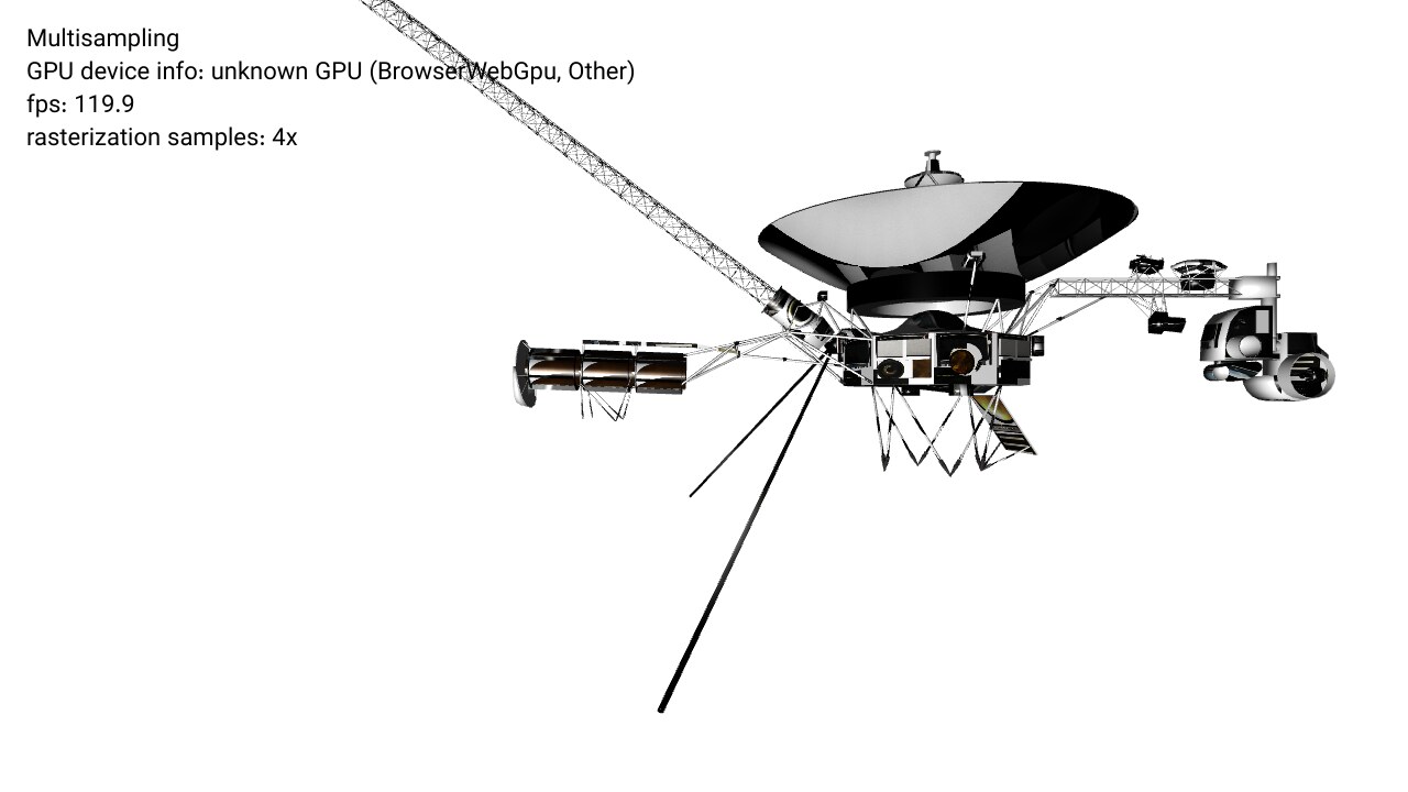 A white and black Voyager space probe with a dish antenna and long lattice boom on a white WebGPU canvas