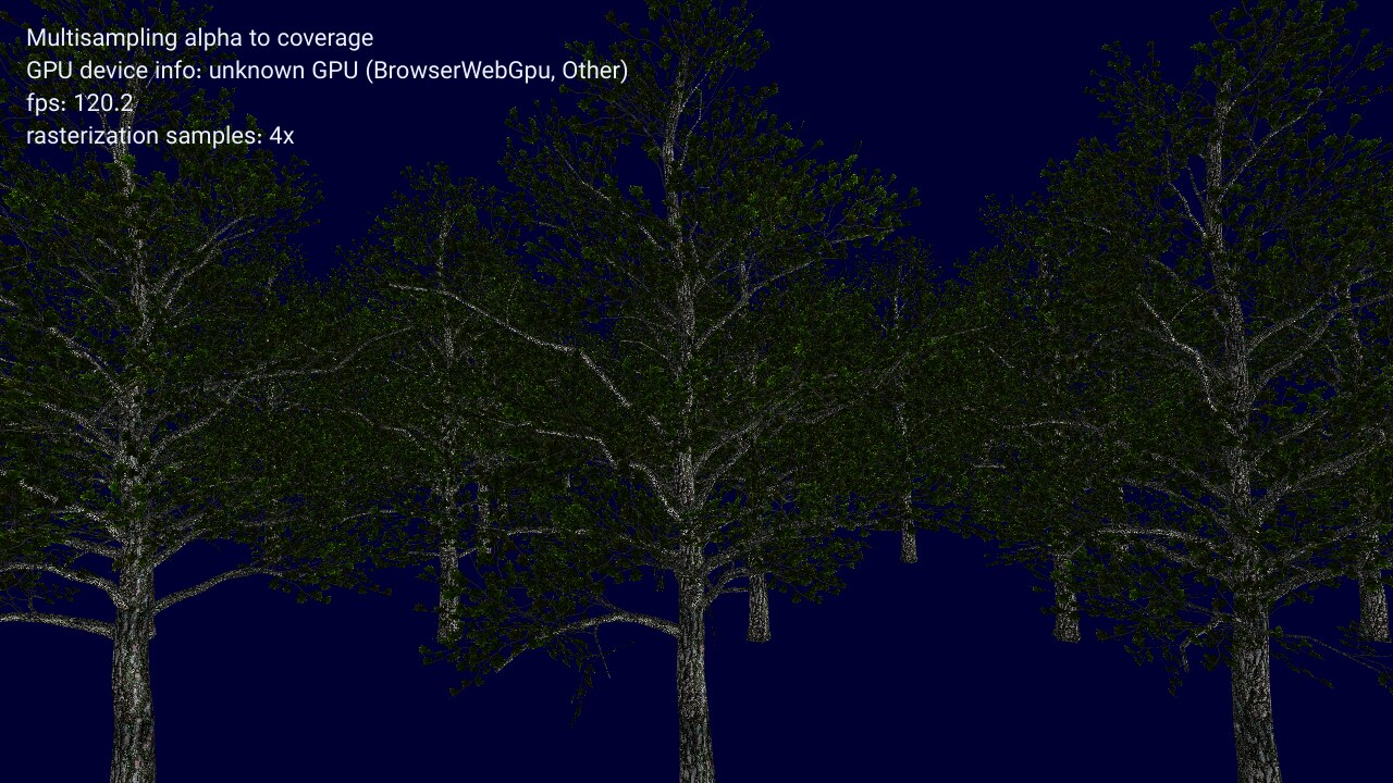 Dense grove of alpha-textured oak trees rendered with 4x WebGPU MSAA and alpha-to-coverage against a dark blue background.