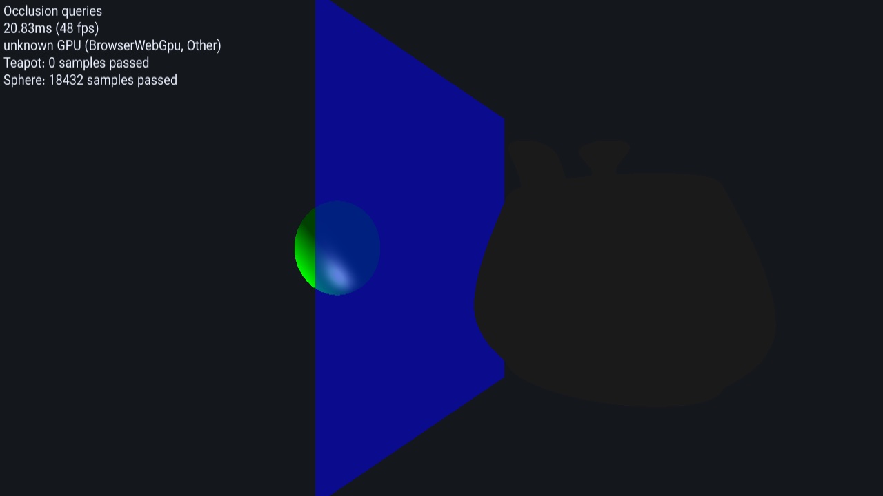 Translucent blue WebGPU occluder hiding a teapot while a green sphere remains partly visible