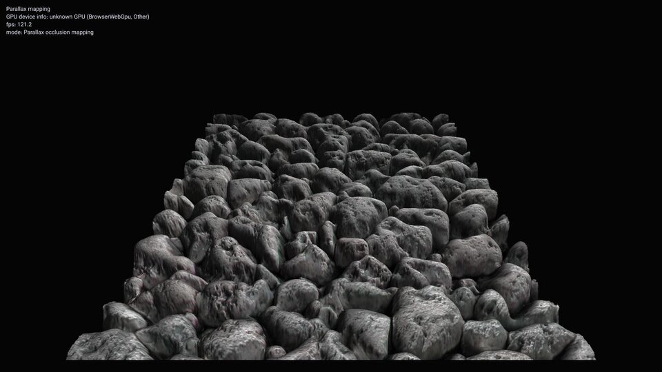 A flat WebGPU plane appearing densely covered with raised rocks through parallax occlusion mapping