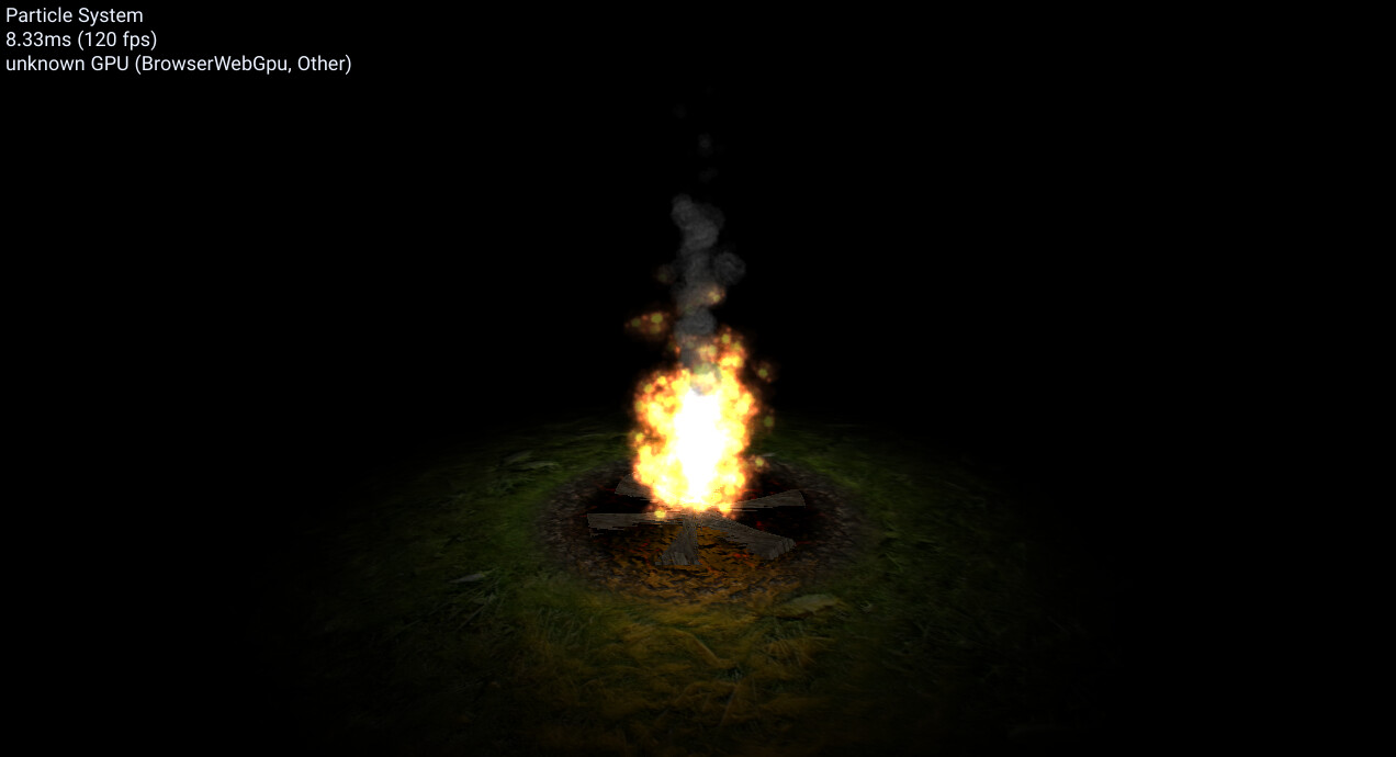 WebGPU campfire with layered flame and smoke billboards over a textured fireplace