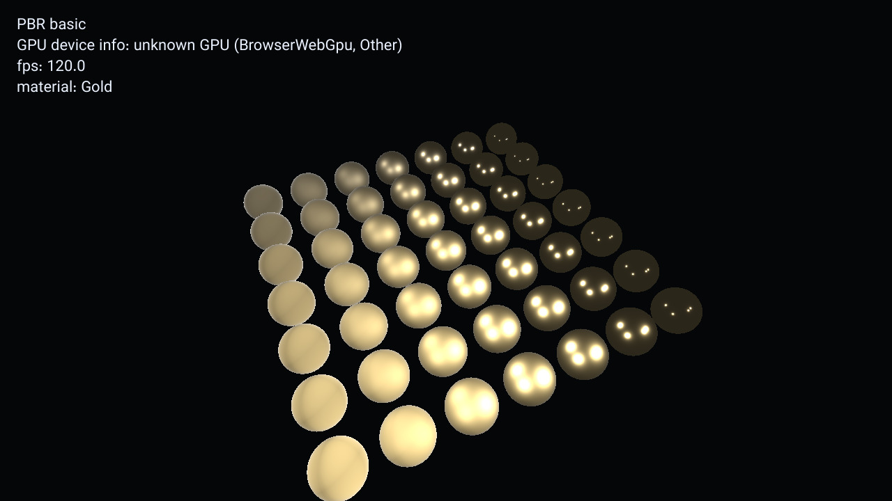 A 7 by 7 grid of gold spheres showing metallic and roughness changes under four lights