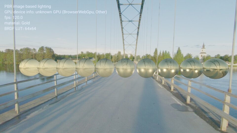 Ten gold spheres with changing roughness and metallic reflections across a suspension bridge cubemap