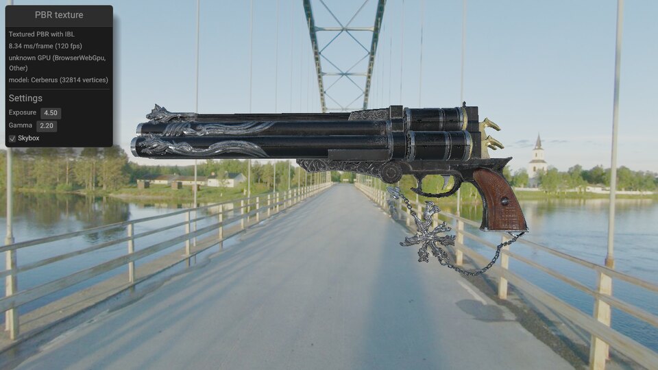 An ornate black, brass, and wood Cerberus triple-barrel pistol rendered against a sunlit bridge cubemap beside PBR controls