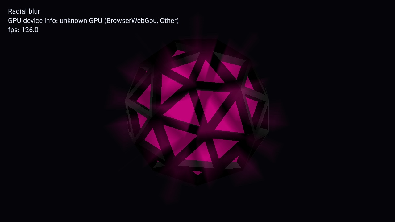 Magenta WebGPU glow sphere with soft radial light streaks against a black background