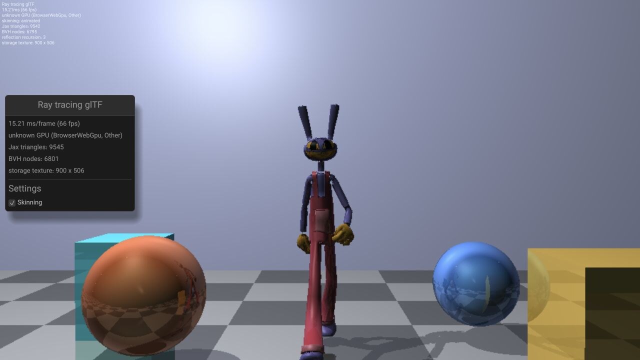 Animated Jax rabbit character ray traced between reflective orange and blue spheres, cyan and yellow boxes, and a checkerboard floor.