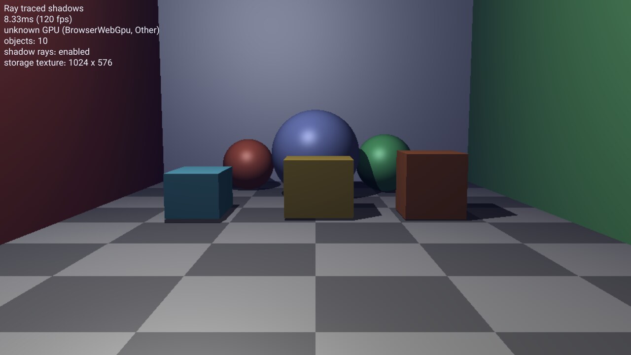 Three spheres and three colored boxes casting hard ray-traced shadows across a checkerboard floor between red and green walls.