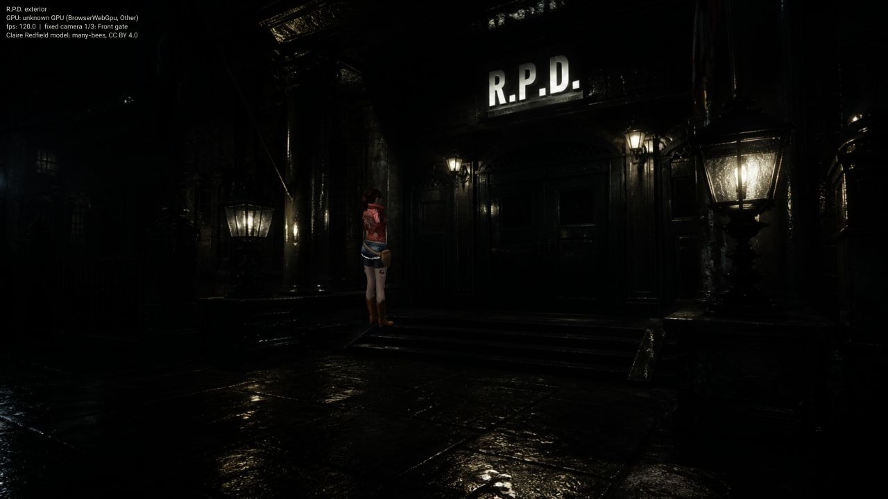 Claire Redfield standing before the rainy R.P.D. front gate in a WebGPU fixed-camera scene with a small status and model-credit overlay.