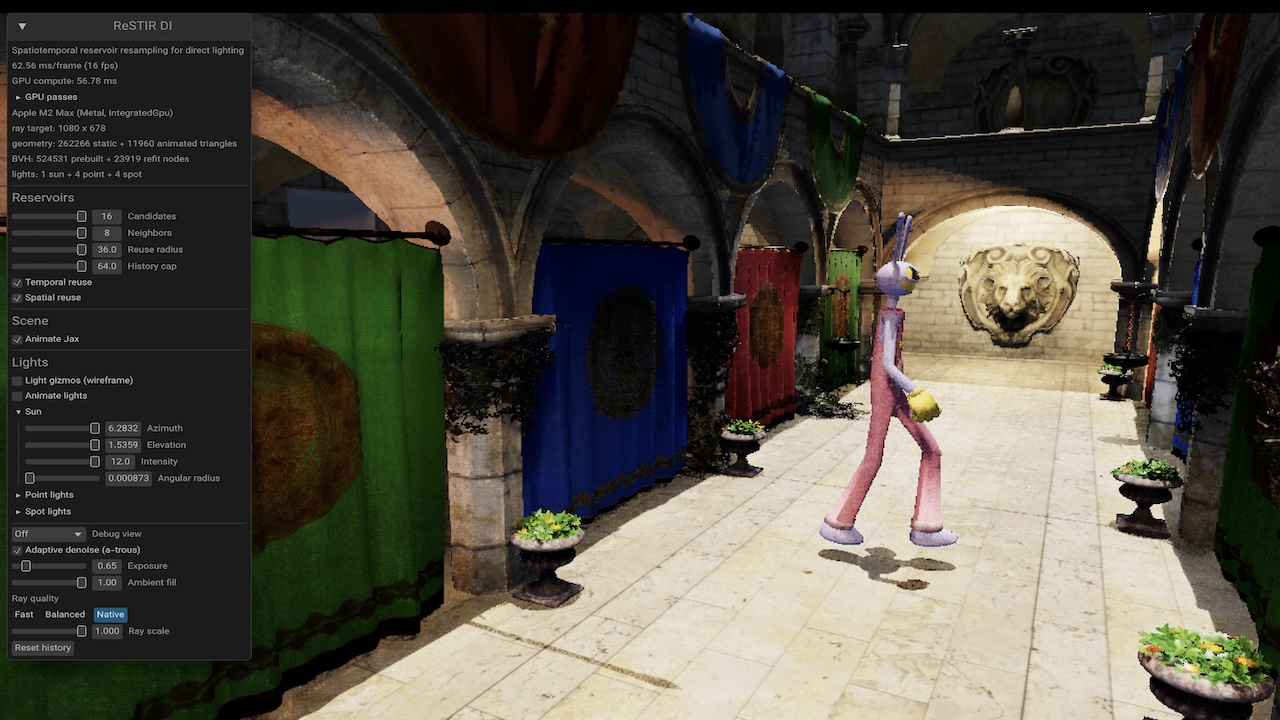 Animated Jax character walking through the Crytek Sponza atrium under WebGPU ReSTIR direct illumination, with reservoir controls open.