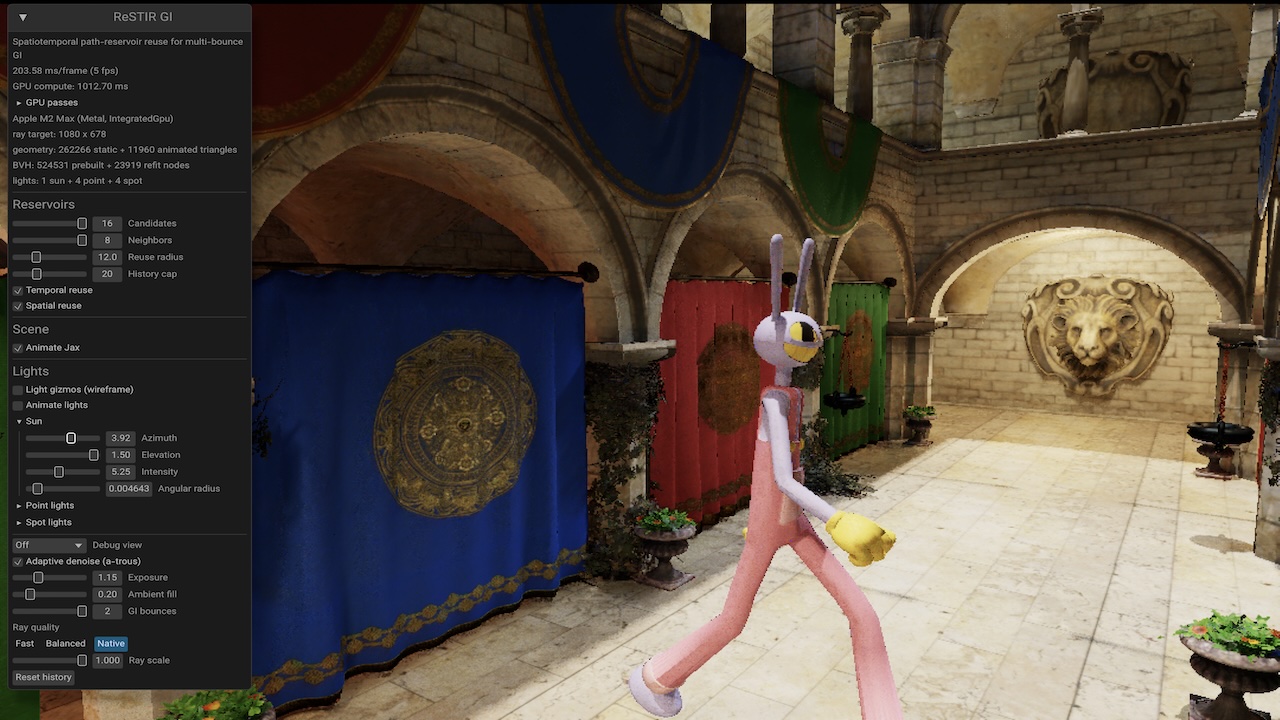 Animated Jax character crossing the Crytek Sponza atrium with warm WebGPU ReSTIR global illumination and reservoir controls visible.