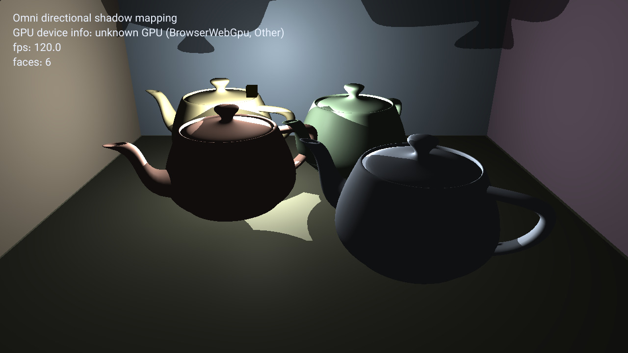 Four colored teapots inside a three-walled room, lit by a small moving point light and casting shadows in several directions.