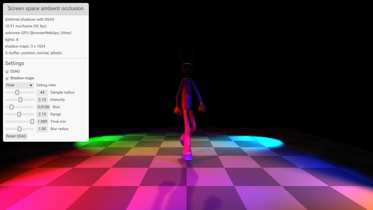 Animated Jax character on a colorful checkerboard beside WebGPU SSAO controls