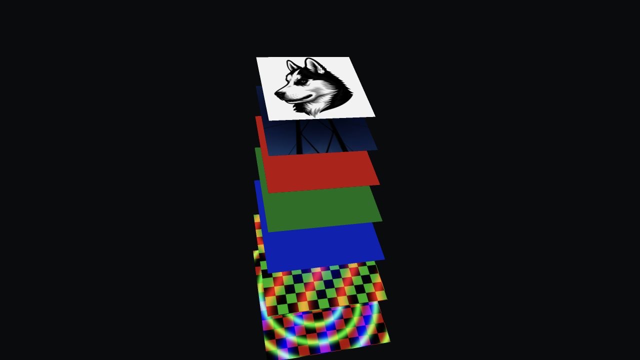 Seven stacked quads displaying image, solid color, and procedural layers from a WebGPU texture array